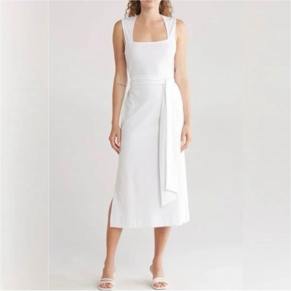 Vince White Pima Cotton Tie Waist Midi Dress Sleeveless Minimalist L